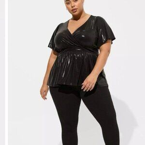 Torrid Black Liquid Shine Surplice Split Sleeve Peplum Top Size 4 = 4X